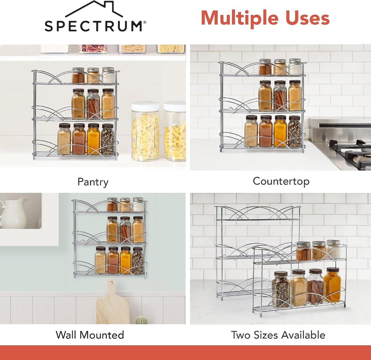 3 Tier Spice Rack Organizer Black Countertop Wire Shelf Spice Rack for Modern Kitchen Pantry Cabinet, Organize Spices with Three Tier Spice Shelf for Kitchen Storage with Wall Mount Option
