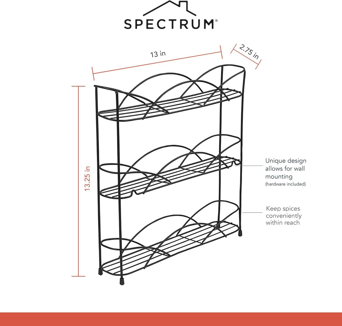 3 Tier Spice Rack Organizer Black Countertop Wire Shelf Spice Rack for Modern Kitchen Pantry Cabinet, Organize Spices with Three Tier Spice Shelf for Kitchen Storage with Wall Mount Option