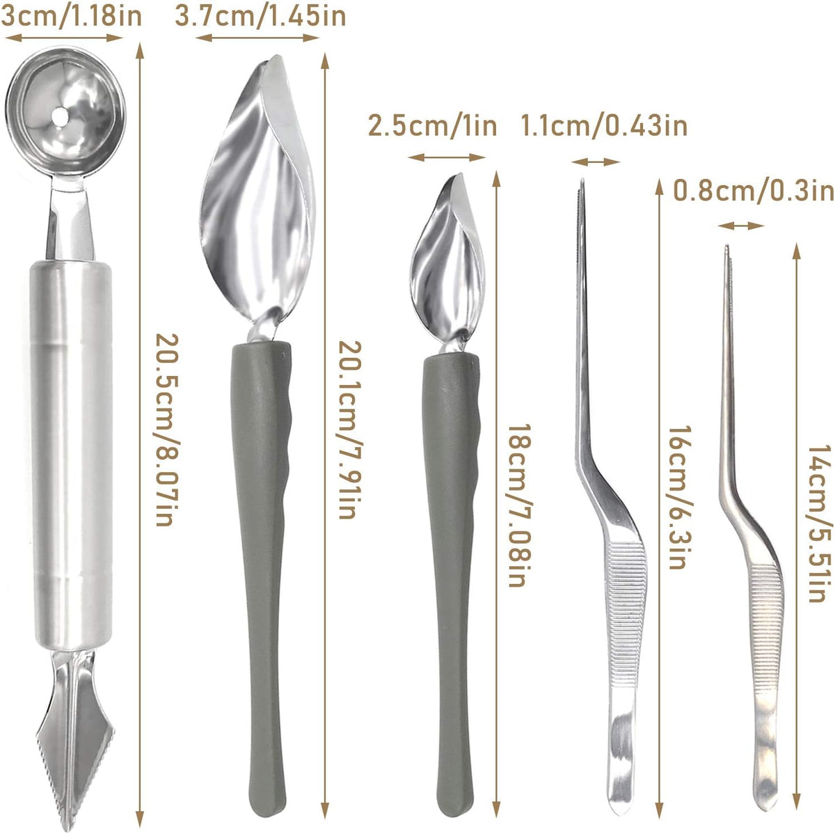 5 Pieces Culinary Drawing Decorating Spoon Set, Drizzle Spoons, Cooking Tweezers and Melon Baller Spoon, Professional Chef Tool for Decorating Plates