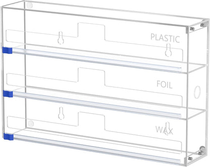 Kitchen Wrap Organizer, Foil and Plastic Wrap Organizer 3 in 1 with Sliding Cutter, Acrylic Wrap Dispenser for Drawer or Wall Mount, Fits 12 Inch Rolls