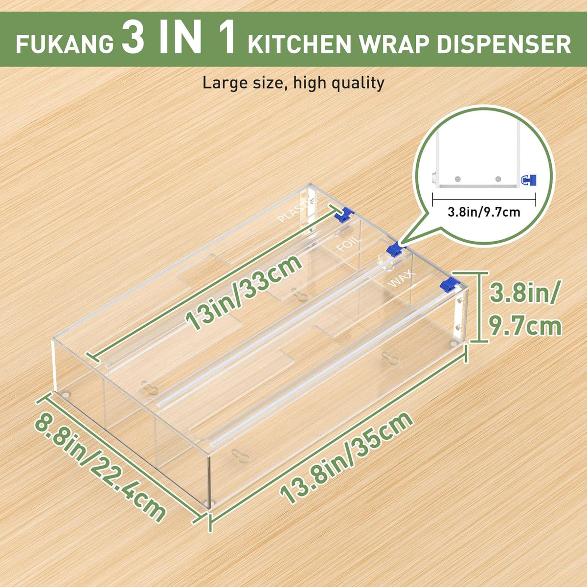 Kitchen Wrap Organizer, Foil and Plastic Wrap Organizer 3 in 1 with Sliding Cutter, Acrylic Wrap Dispenser for Drawer or Wall Mount, Fits 12 Inch Rolls