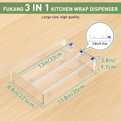 Kitchen Wrap Organizer, Foil and Plastic Wrap Organizer 3 in 1 with Sliding Cutter, Acrylic Wrap Dispenser for Drawer or Wall Mount, Fits 12 Inch Rolls