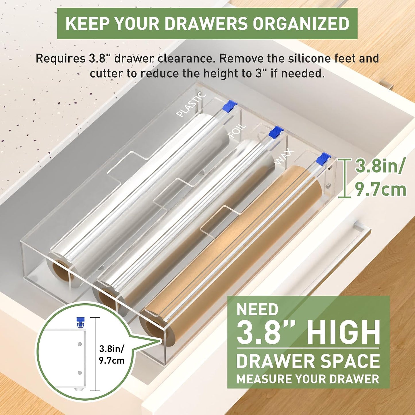 Kitchen Wrap Organizer, Foil and Plastic Wrap Organizer 3 in 1 with Sliding Cutter, Acrylic Wrap Dispenser for Drawer or Wall Mount, Fits 12 Inch Rolls