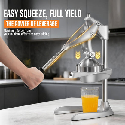 Manual Juicer, Stainless Steel Countertop Juice Press for Citrus | 304 stainless cone, rust-proof aluminum, 4.3" universal bowl, powerful lever, 3 dishwasher-safe parts, stable base