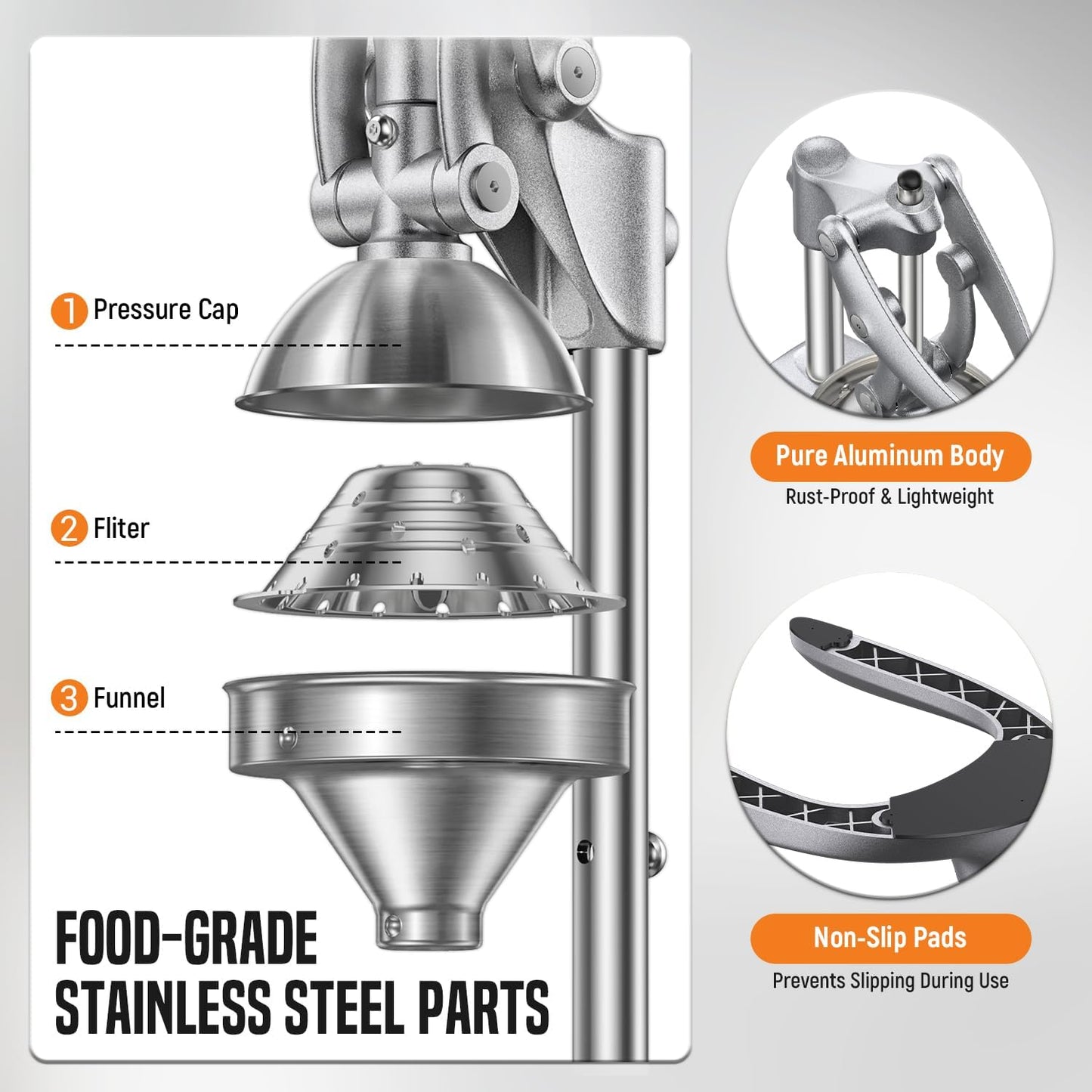 Manual Juicer, Stainless Steel Countertop Juice Press for Citrus | 304 stainless cone, rust-proof aluminum, 4.3" universal bowl, powerful lever, 3 dishwasher-safe parts, stable base