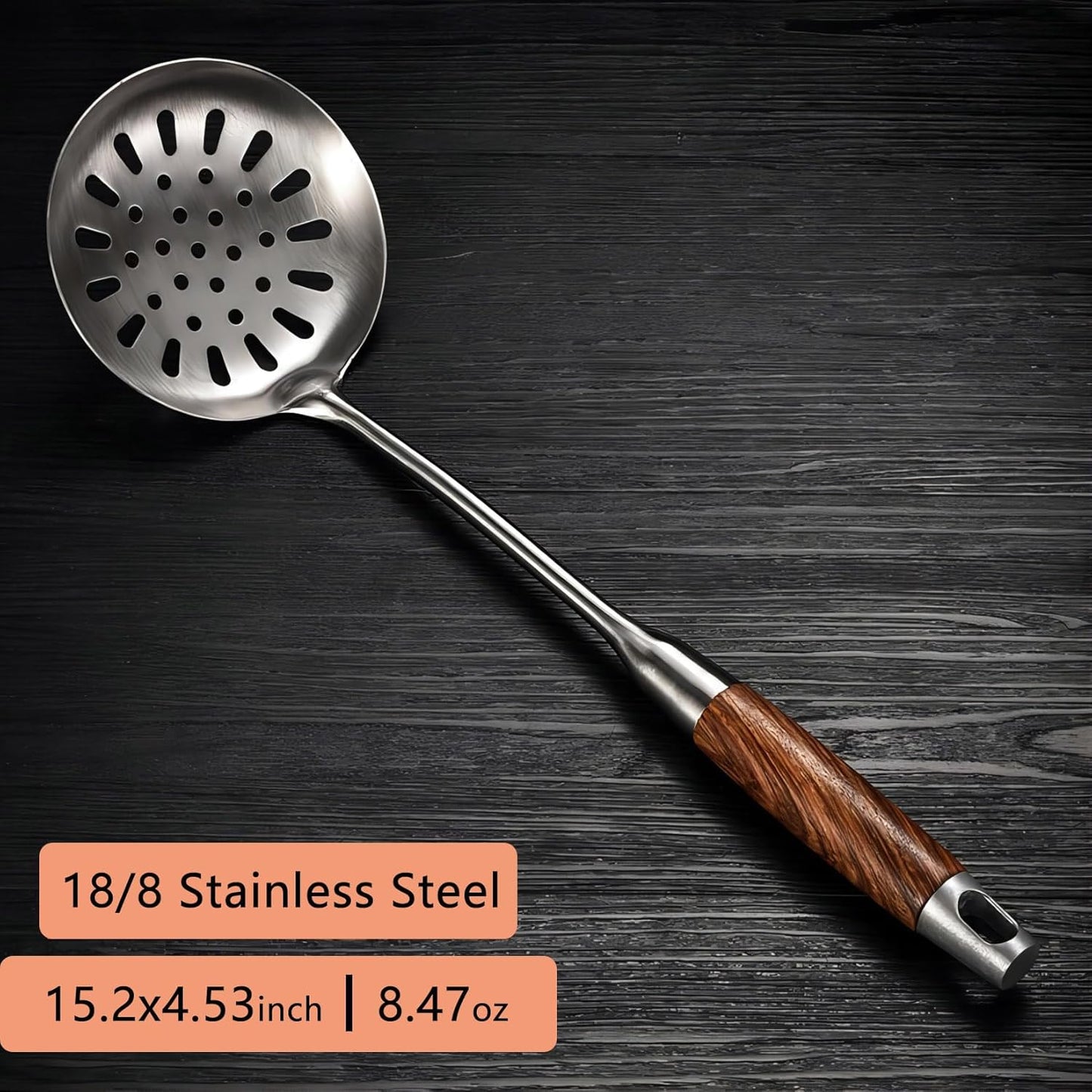 Strainer Skimmer Ladle, Slotted Spoons for Cooking and Frying, Kitchen Utensils Durable 304 Stainless Steel Skimmers Pasta Strainer Spoon with Wooden Handle,15.2 Inch