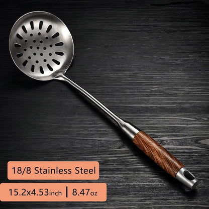 Strainer Skimmer Ladle, Slotted Spoons for Cooking and Frying, Kitchen Utensils Durable 304 Stainless Steel Skimmers Pasta Strainer Spoon with Wooden Handle,15.2 Inch