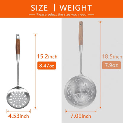Strainer Skimmer Ladle, Slotted Spoons for Cooking and Frying, Kitchen Utensils Durable 304 Stainless Steel Skimmers Pasta Strainer Spoon with Wooden Handle,15.2 Inch