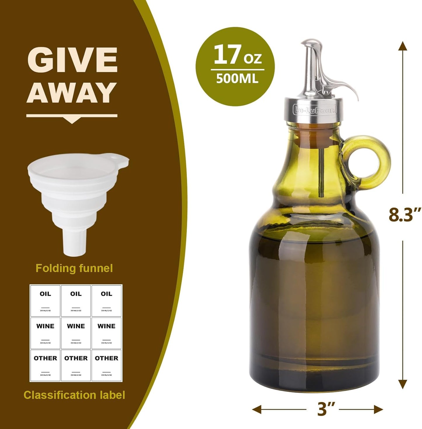 500ml Green Olive Oil Dispenser Bottle,17oz Glass Oil and Vinegar Cruet | with Pourers and Funnel,Oil Bottles for Kitchen, Dispenser Bottle with Drip Free Spouts