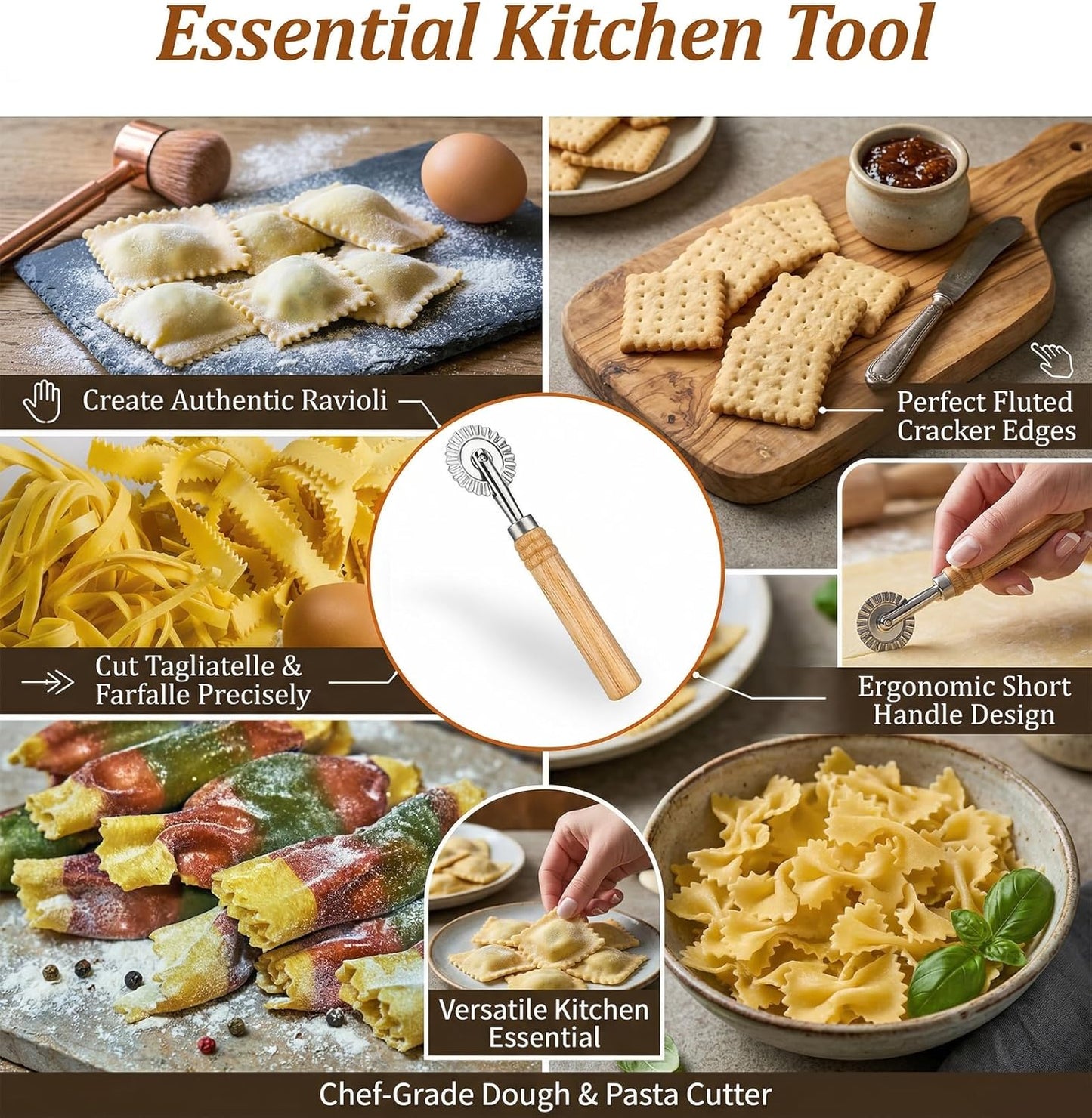 Pastry Wheel Cutter Tool, Pasta Cutter Wheel with Wooden Handle, Making Pizza Dumplings, Roller Pastry Cutter Tool for Home and Kitchen