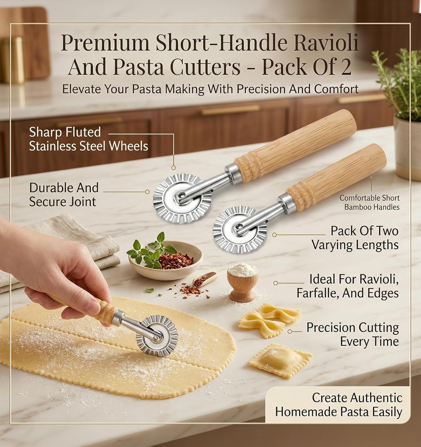 Pastry Wheel Cutter Tool, Pasta Cutter Wheel with Wooden Handle, Making Pizza Dumplings, Roller Pastry Cutter Tool for Home and Kitchen