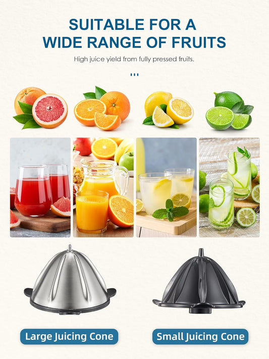 Electric Citrus Juicer Squeezer with Rubber Handle | 2 Size Cones, Anti-Drip Spout, BPA-Free, Easy To Clean And Use, For Orange, Lemon And Limes, Black Stainless Finish