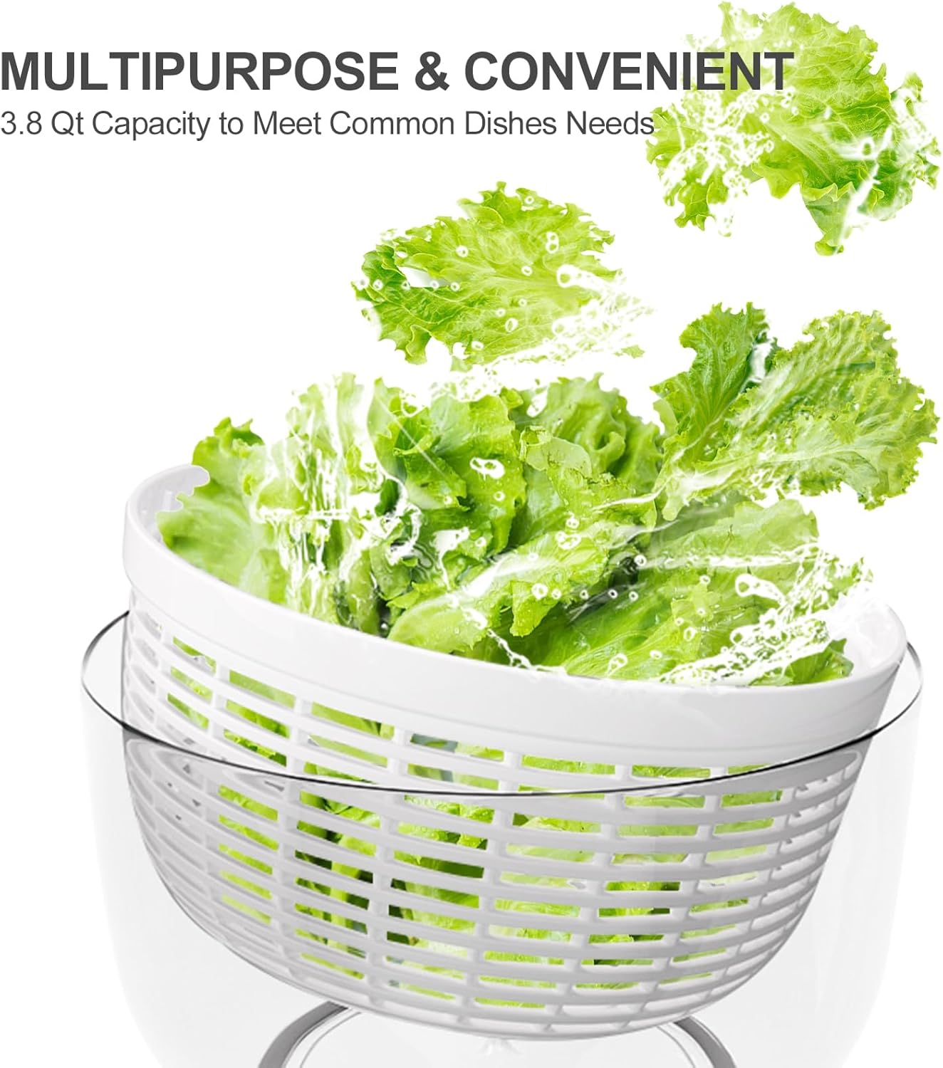 Salad Spinner Small Lettuce Spinner Kitchen Gadgets Vegetable Washer, High Efficiency for Home Kitchen Washing & Drying Leafy Vegetables, One-Handed Handle Easy Press 3.8 Qt White