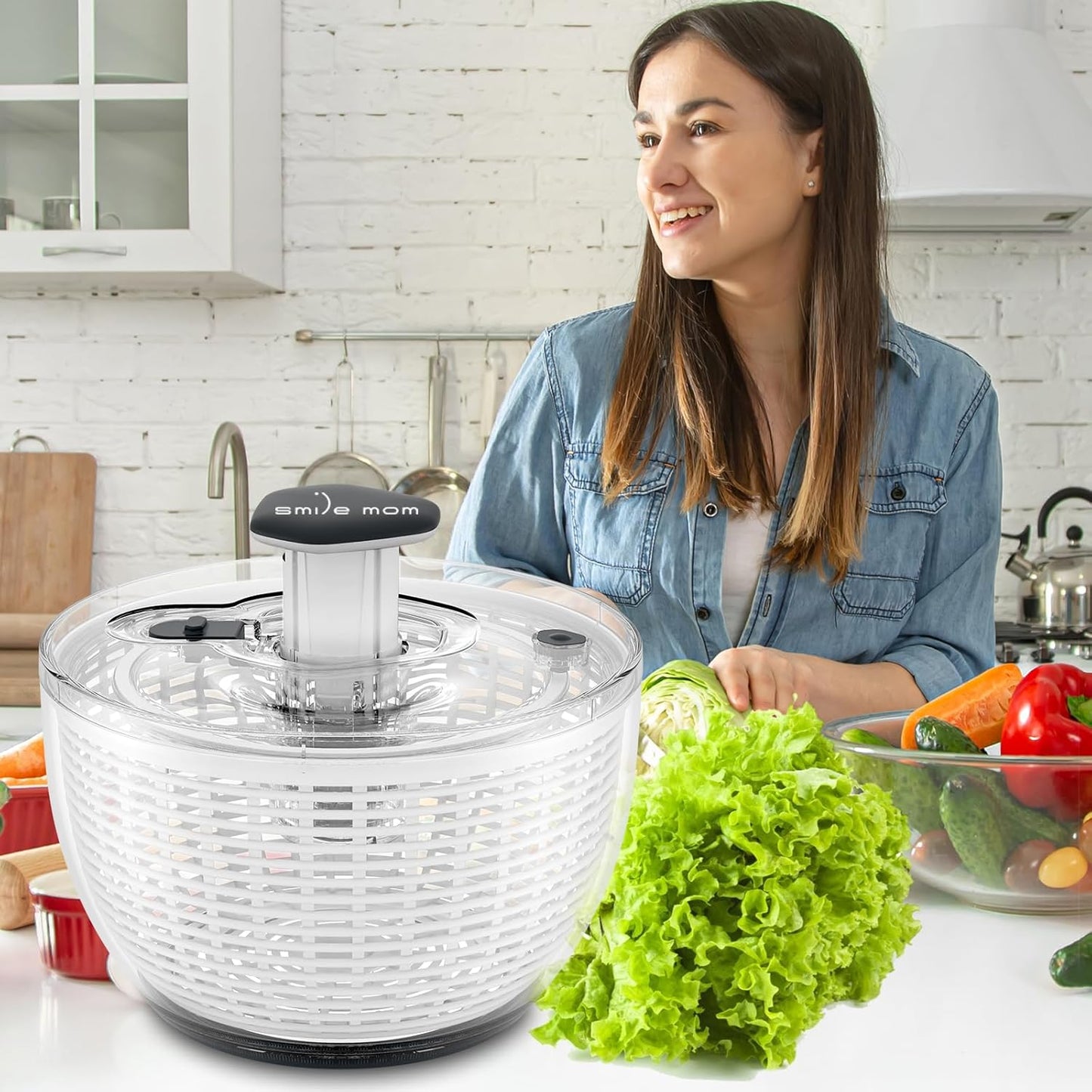 Salad Spinner Small Lettuce Spinner Kitchen Gadgets Vegetable Washer, High Efficiency for Home Kitchen Washing & Drying Leafy Vegetables, One-Handed Handle Easy Press 3.8 Qt White