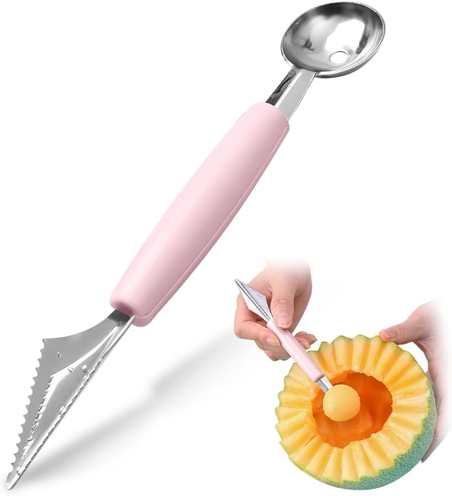Double Sided Melon Baller Scoop,2 in 1 Stainless Steel Fruit Scooper Seed Remover Cutter,Melon Baller Spoon,Avocado Cutter,Watermelon Carving Knife for Dig Pulp Separator Fruit Slicer (red)