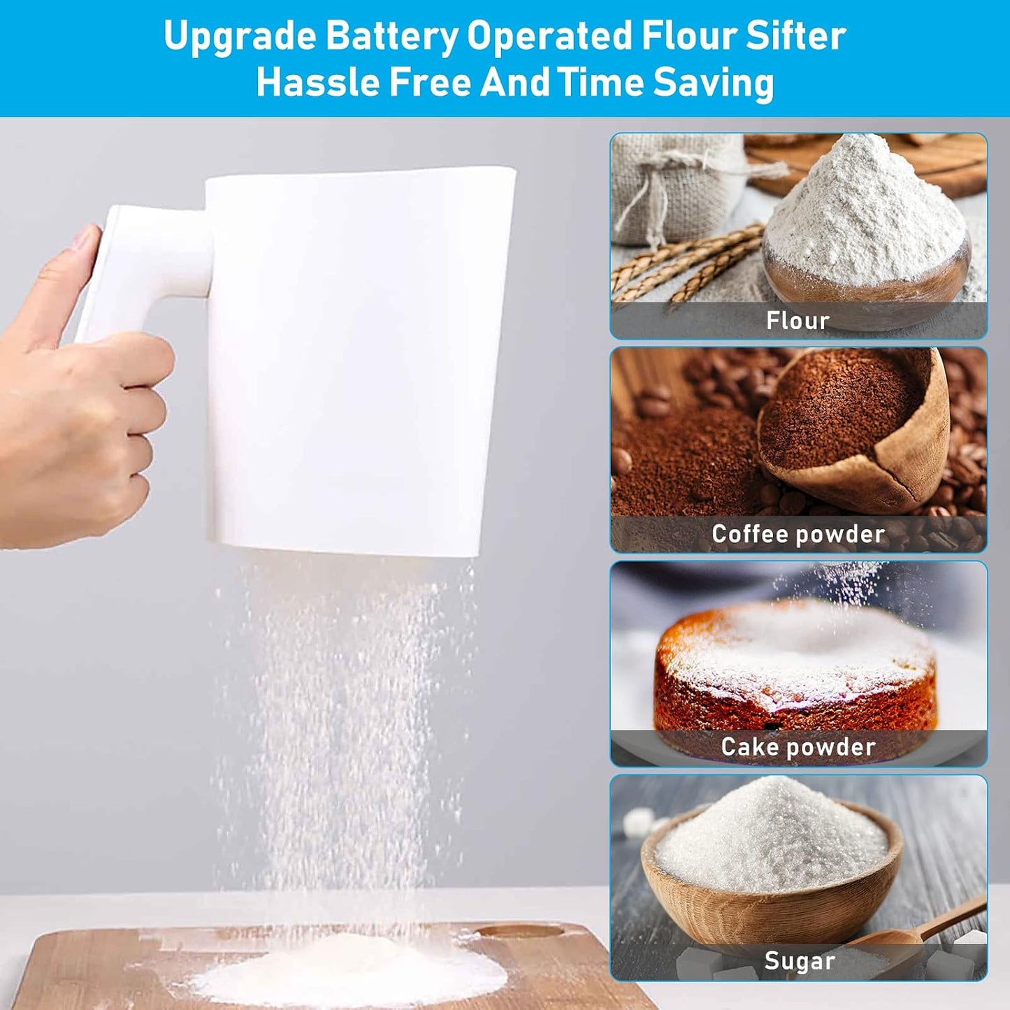Electric Flour Sifter, 4 Cup Battery Operated Handheld Sifter for Baking | Automatic Flour Sieve, Fine Stainless Steel Mesh, Easy to Clean, Large Capacity Cooking Tool for Kitchen and Pastry Baking
