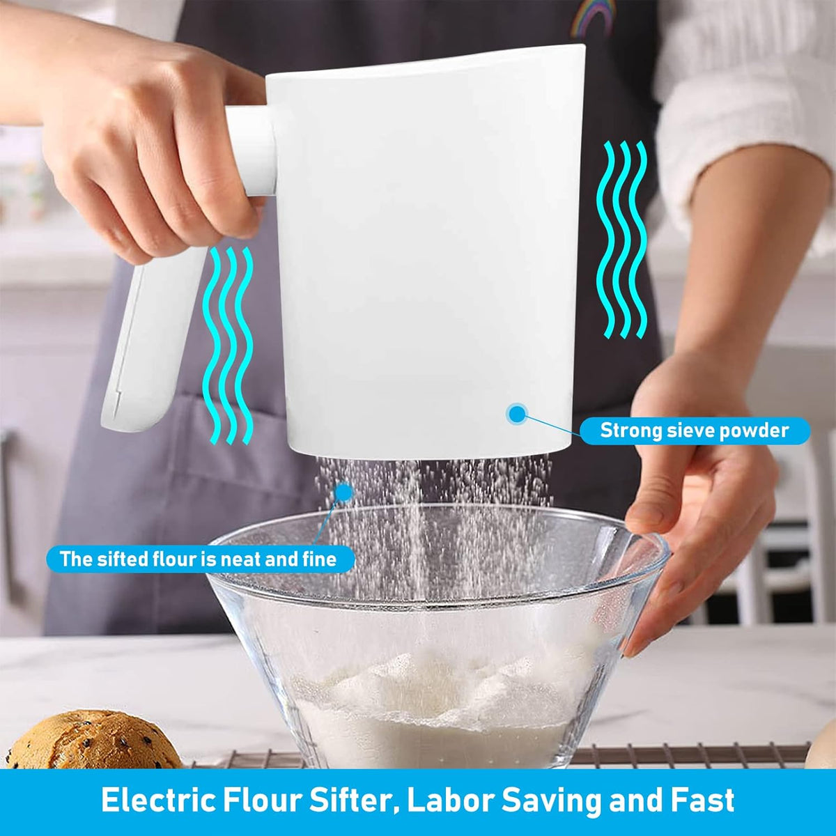 Electric Flour Sifter, 4 Cup Battery Operated Handheld Sifter for Baking | Automatic Flour Sieve, Fine Stainless Steel Mesh, Easy to Clean, Large Capacity Cooking Tool for Kitchen and Pastry Baking