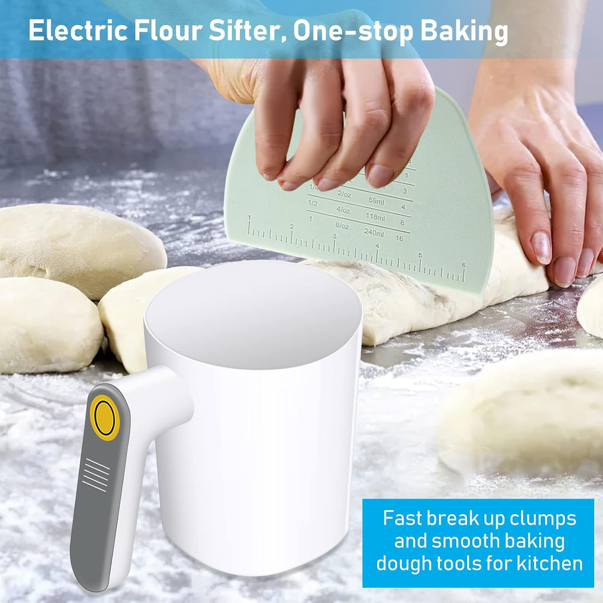 Electric Flour Sifter, 4 Cup Battery Operated Handheld Sifter for Baking | Automatic Flour Sieve, Fine Stainless Steel Mesh, Easy to Clean, Large Capacity Cooking Tool for Kitchen and Pastry Baking