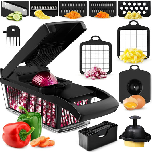 Vegetable Chopper with Container, Veggie Chopper, Food Chopper & Onion Chopper - Mandoline Slicer for Kitchen (8 in 1, Black)