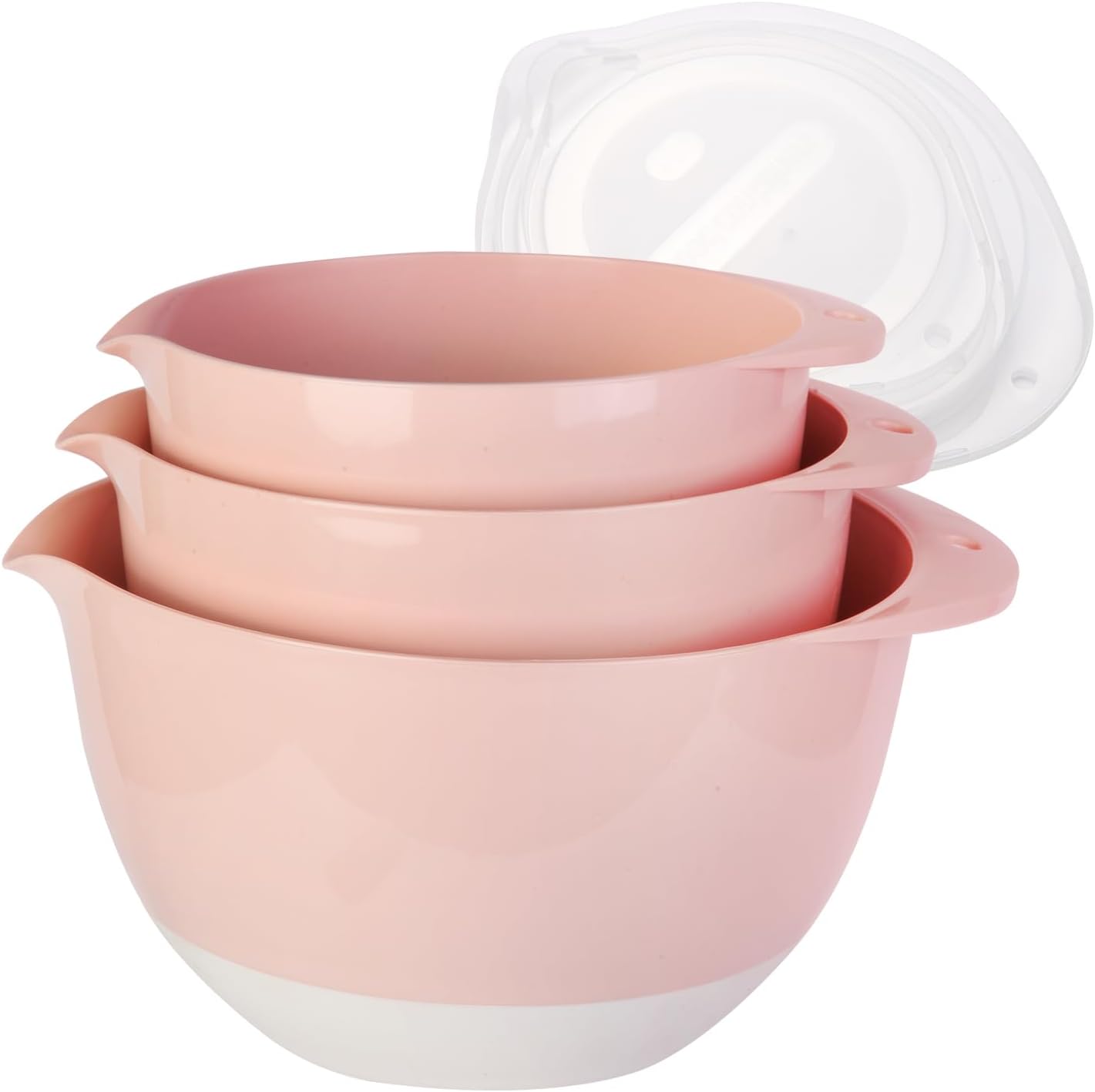 3 Small Mixing Bowls Set with Lids,Grips,Pour Spout and TPR Bottom, Plastic Nesting Bowl Use for Kitchen Cooking-Prep,Serving,Baking Bread Cake,Pancake,Non-slip,3Qt,2Qt,1.5Qt,Pink
