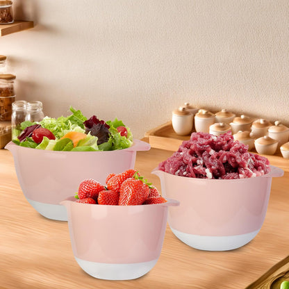 3 Small Mixing Bowls Set with Lids,Grips,Pour Spout and TPR Bottom, Plastic Nesting Bowl Use for Kitchen Cooking-Prep,Serving,Baking Bread Cake,Pancake,Non-slip,3Qt,2Qt,1.5Qt,Pink