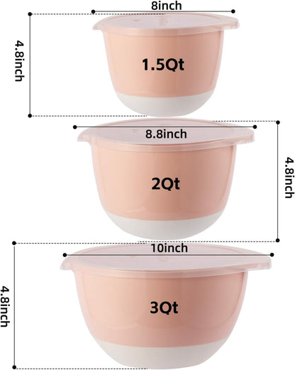 3 Small Mixing Bowls Set with Lids,Grips,Pour Spout and TPR Bottom, Plastic Nesting Bowl Use for Kitchen Cooking-Prep,Serving,Baking Bread Cake,Pancake,Non-slip,3Qt,2Qt,1.5Qt,Pink