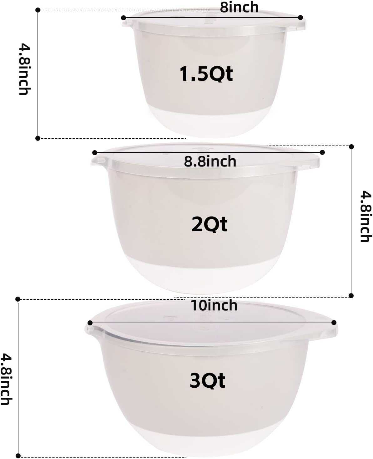 3 Small Mixing Bowls Set with Lids,Grips,Pour Spout and TPR Bottom, Plastic Nesting Bowl Use for Kitchen Cooking-Prep,Serving,Baking Bread Cake,Pancake,Non-slip,3Qt,2Qt,1.5Qt,Pink