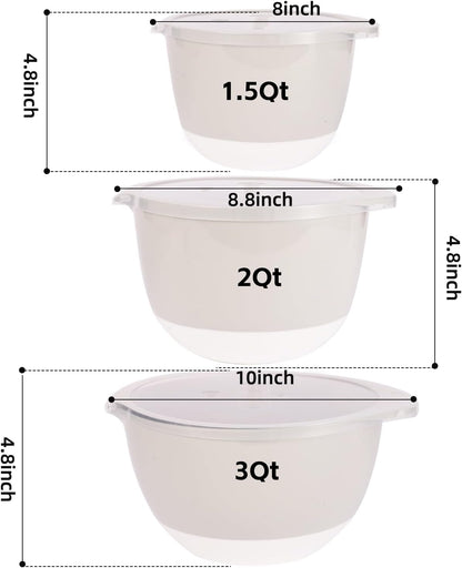 3 Small Mixing Bowls Set with Lids,Grips,Pour Spout and TPR Bottom, Plastic Nesting Bowl Use for Kitchen Cooking-Prep,Serving,Baking Bread Cake,Pancake,Non-slip,3Qt,2Qt,1.5Qt,Pink