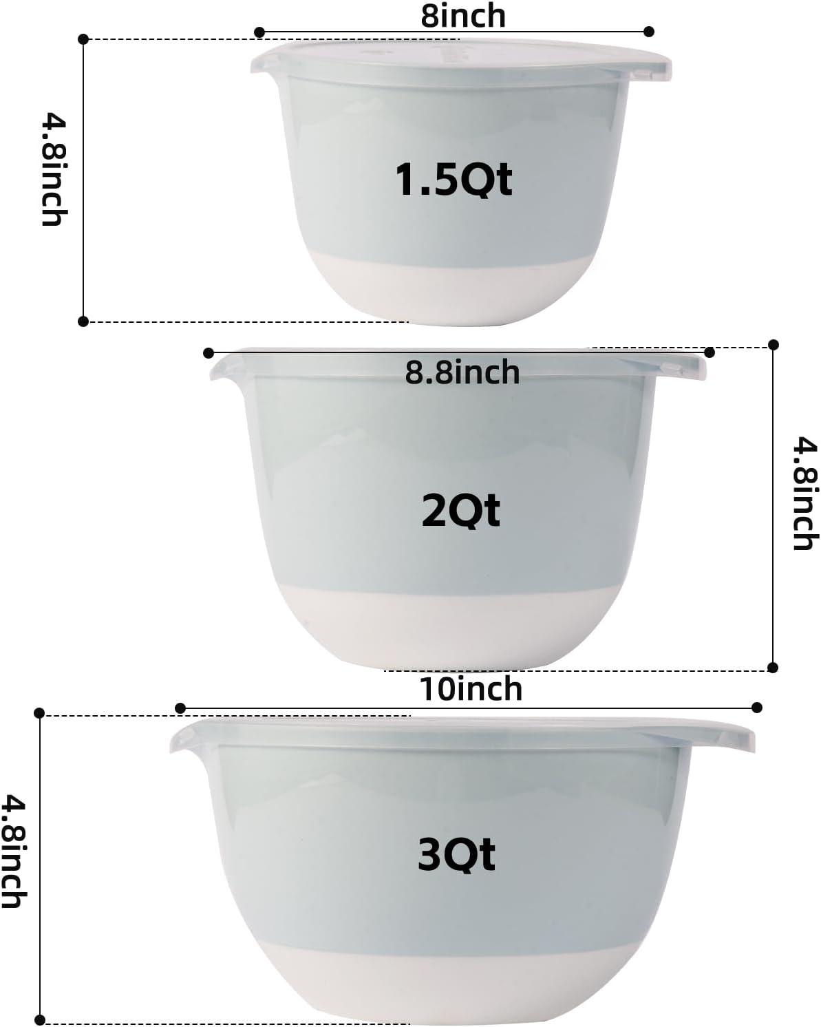 3 Small Mixing Bowls Set with Lids,Grips,Pour Spout and TPR Bottom, Plastic Nesting Bowl Use for Kitchen Cooking-Prep,Serving,Baking Bread Cake,Pancake,Non-slip,3Qt,2Qt,1.5Qt,Pink