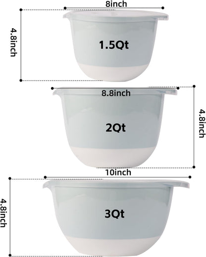 3 Small Mixing Bowls Set with Lids,Grips,Pour Spout and TPR Bottom, Plastic Nesting Bowl Use for Kitchen Cooking-Prep,Serving,Baking Bread Cake,Pancake,Non-slip,3Qt,2Qt,1.5Qt,Pink