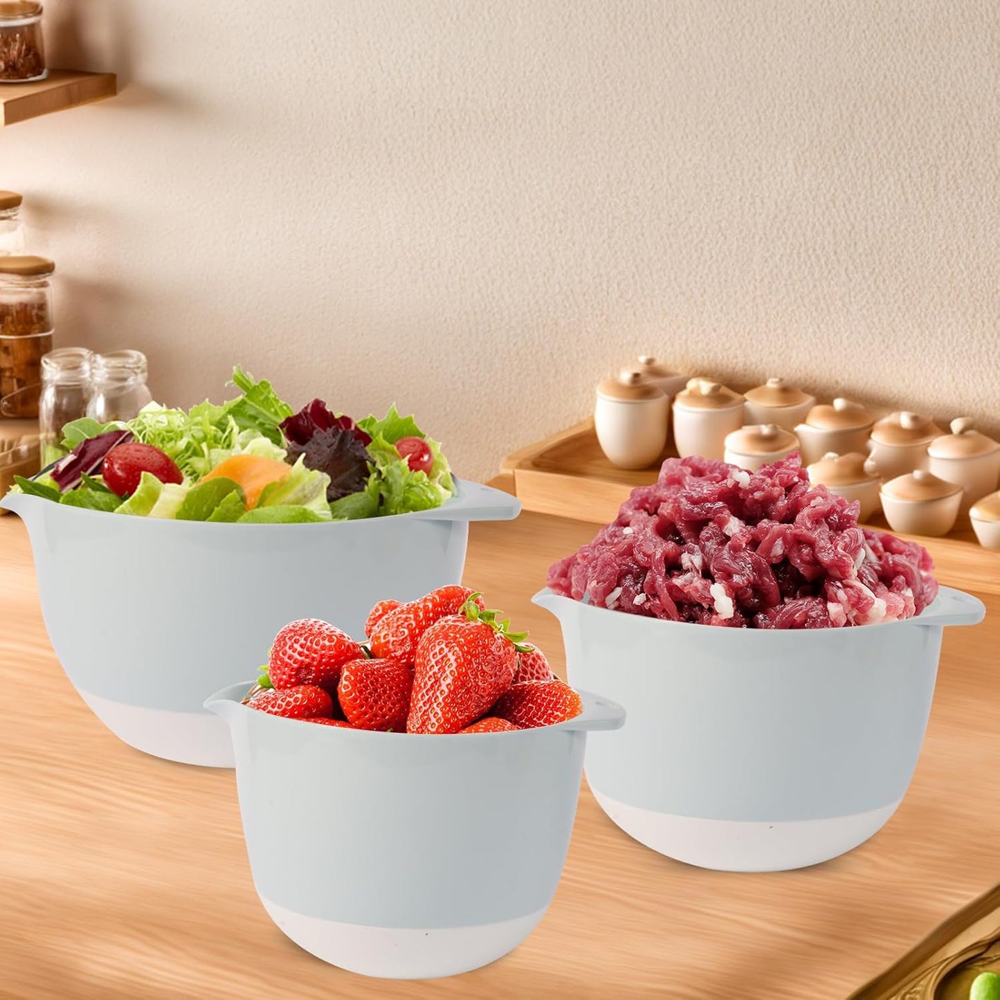 3 Small Mixing Bowls Set with Lids,Grips,Pour Spout and TPR Bottom, Plastic Nesting Bowl Use for Kitchen Cooking-Prep,Serving,Baking Bread Cake,Pancake,Non-slip,3Qt,2Qt,1.5Qt,Pink