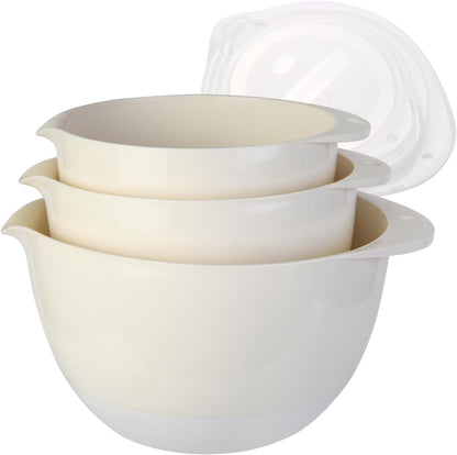 3 Small Mixing Bowls Set with Lids,Grips,Pour Spout and TPR Bottom, Plastic Nesting Bowl Use for Kitchen Cooking-Prep,Serving,Baking Bread Cake,Pancake,Non-slip,3Qt,2Qt,1.5Qt,Pink