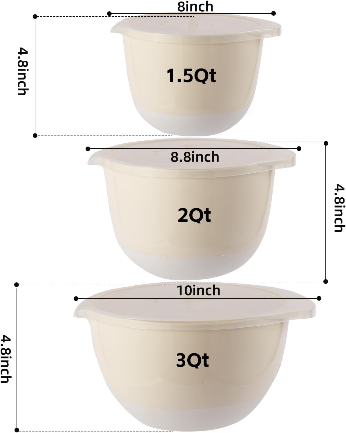 3 Small Mixing Bowls Set with Lids,Grips,Pour Spout and TPR Bottom, Plastic Nesting Bowl Use for Kitchen Cooking-Prep,Serving,Baking Bread Cake,Pancake,Non-slip,3Qt,2Qt,1.5Qt,Pink