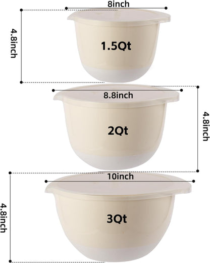 3 Small Mixing Bowls Set with Lids,Grips,Pour Spout and TPR Bottom, Plastic Nesting Bowl Use for Kitchen Cooking-Prep,Serving,Baking Bread Cake,Pancake,Non-slip,3Qt,2Qt,1.5Qt,Pink