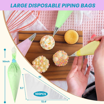 Piping Bags and Tips Set, 16 inch Silicone Pastry Bags 14 Tips