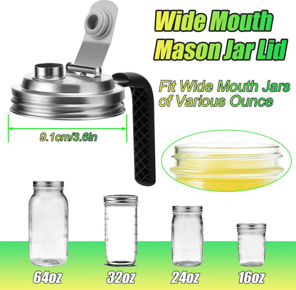 Mason Jar Pour Spout Lid Stainless Steel with Handle, Wide Mouth Pour Spout Flip Cap Lids for Mason Jars, Anticracking Leak Proof Seal Cover Airtight for Drinking Salad Dressing & Food Storing