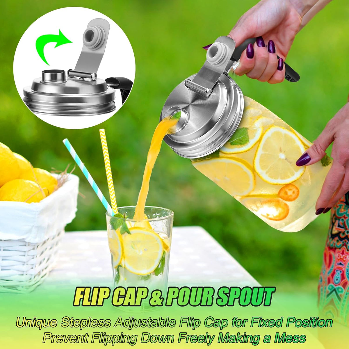 Mason Jar Pour Spout Lid Stainless Steel with Handle, Wide Mouth Pour Spout Flip Cap Lids for Mason Jars, Anticracking Leak Proof Seal Cover Airtight for Drinking Salad Dressing & Food Storing