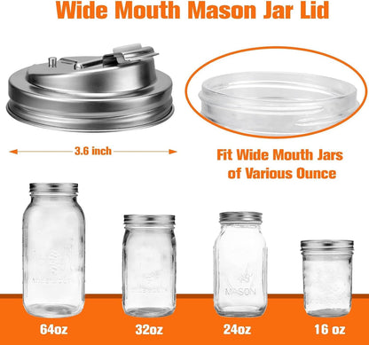 Mason Jar Pour Spout Lid Stainless Steel with Handle, Wide Mouth Pour Spout Flip Cap Lids for Mason Jars, Anticracking Leak Proof Seal Cover Airtight for Drinking Salad Dressing & Food Storing
