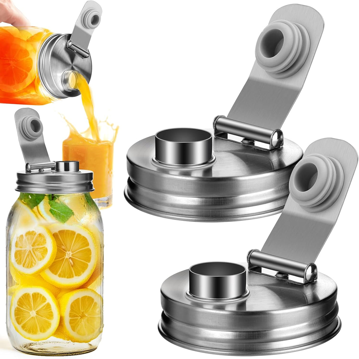 Mason Jar Pour Spout Lid Stainless Steel with Handle, Wide Mouth Pour Spout Flip Cap Lids for Mason Jars, Anticracking Leak Proof Seal Cover Airtight for Drinking Salad Dressing & Food Storing