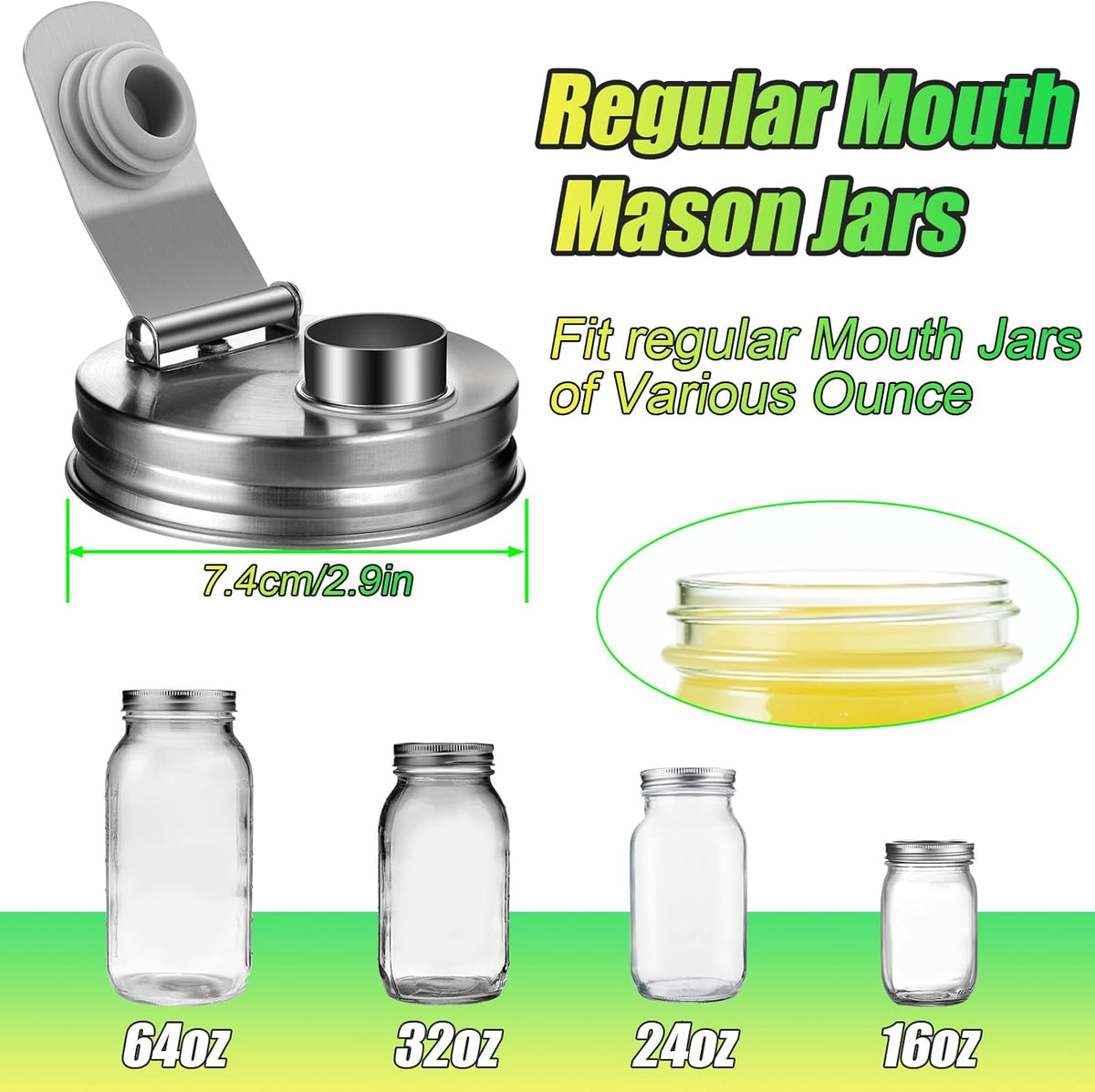 Mason Jar Pour Spout Lid Stainless Steel with Handle, Wide Mouth Pour Spout Flip Cap Lids for Mason Jars, Anticracking Leak Proof Seal Cover Airtight for Drinking Salad Dressing & Food Storing