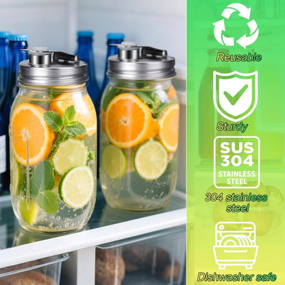 Mason Jar Pour Spout Lid Stainless Steel with Handle, Wide Mouth Pour Spout Flip Cap Lids for Mason Jars, Anticracking Leak Proof Seal Cover Airtight for Drinking Salad Dressing & Food Storing
