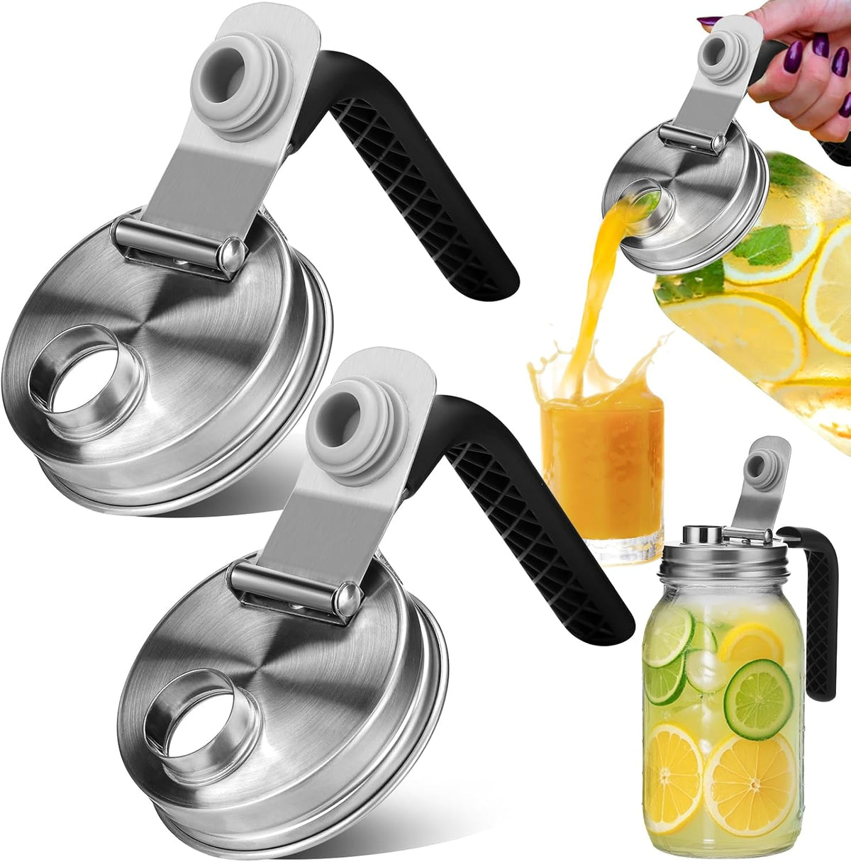 Mason Jar Pour Spout Lid Stainless Steel with Handle, Wide Mouth Pour Spout Flip Cap Lids for Mason Jars, Anticracking Leak Proof Seal Cover Airtight for Drinking Salad Dressing & Food Storing