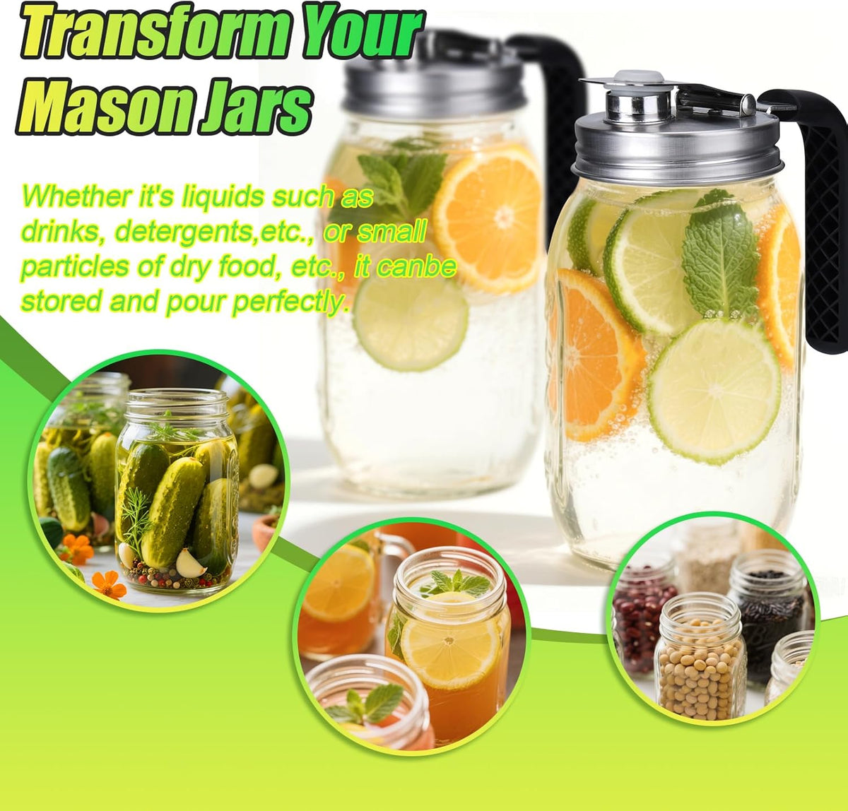 Mason Jar Pour Spout Lid Stainless Steel with Handle, Wide Mouth Pour Spout Flip Cap Lids for Mason Jars, Anticracking Leak Proof Seal Cover Airtight for Drinking Salad Dressing & Food Storing