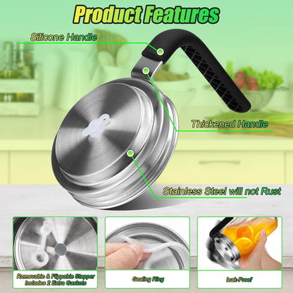 Mason Jar Pour Spout Lid Stainless Steel with Handle, Wide Mouth Pour Spout Flip Cap Lids for Mason Jars, Anticracking Leak Proof Seal Cover Airtight for Drinking Salad Dressing & Food Storing