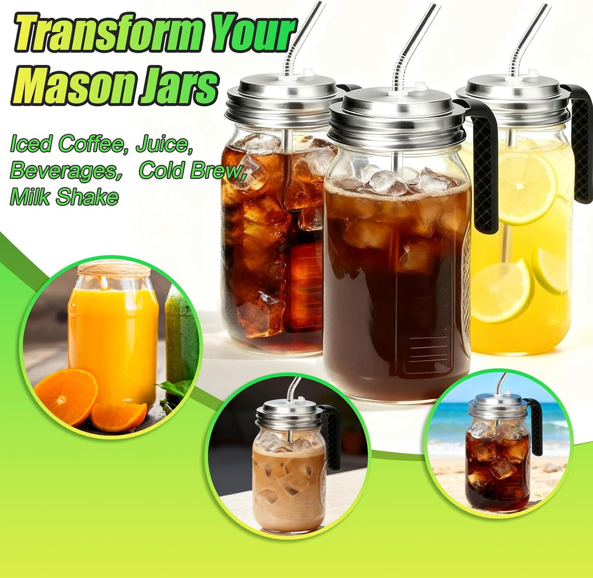 Mason Jar Pour Spout Lid Stainless Steel with Handle, Wide Mouth Pour Spout Flip Cap Lids for Mason Jars, Anticracking Leak Proof Seal Cover Airtight for Drinking Salad Dressing & Food Storing