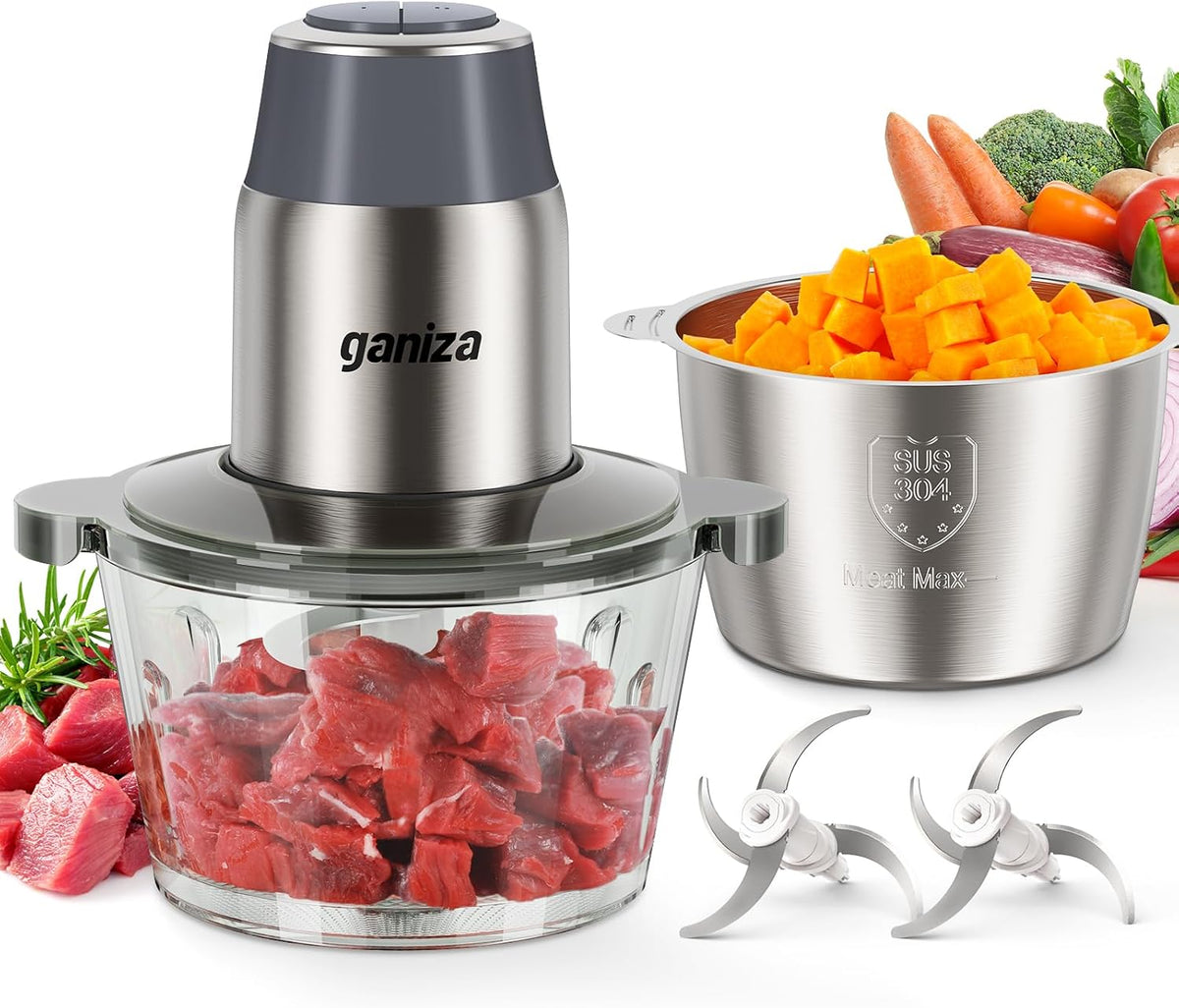 Food Processors with 2 Bowls, 450W Meat Grinder Vegetable Chopper