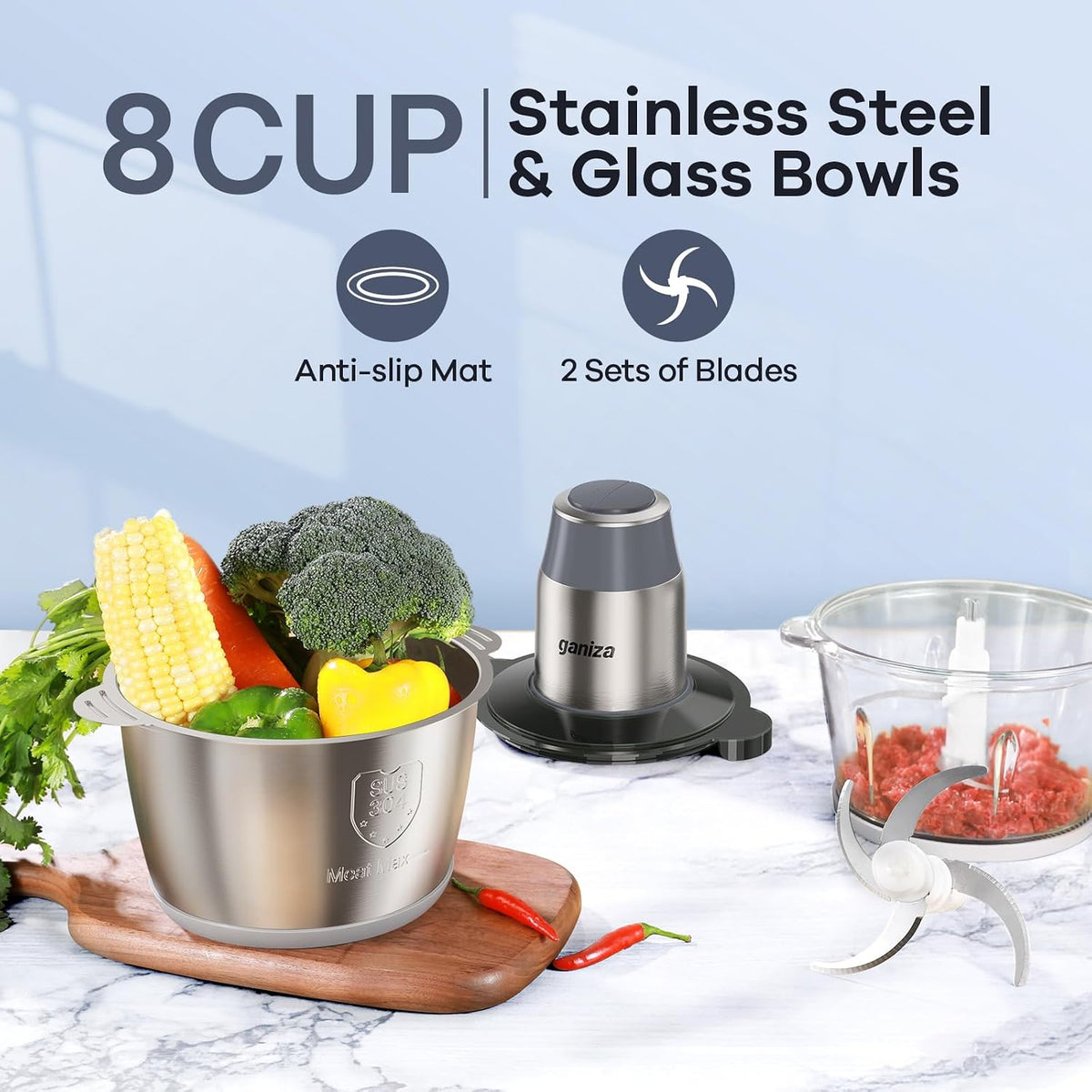 Food Processors with 2 Bowls, 450W Meat Grinder Vegetable Chopper