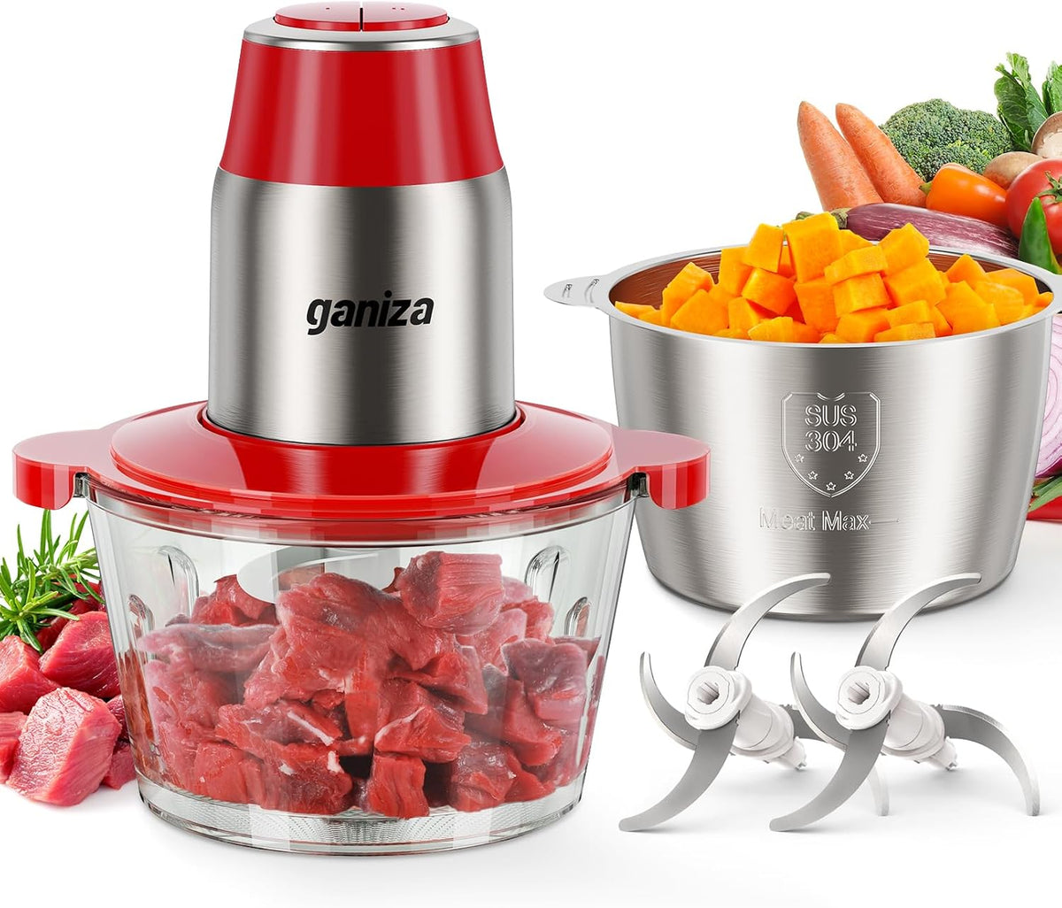 Food Processors with 2 Bowls, 450W Meat Grinder Vegetable Chopper