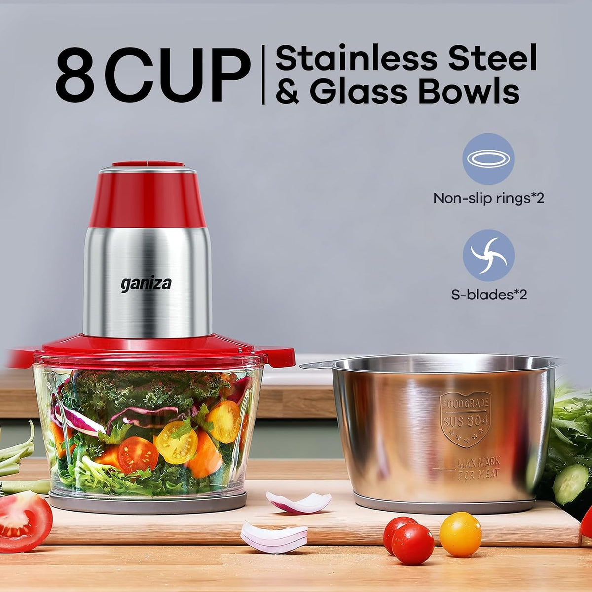 Food Processors with 2 Bowls, 450W Meat Grinder Vegetable Chopper
