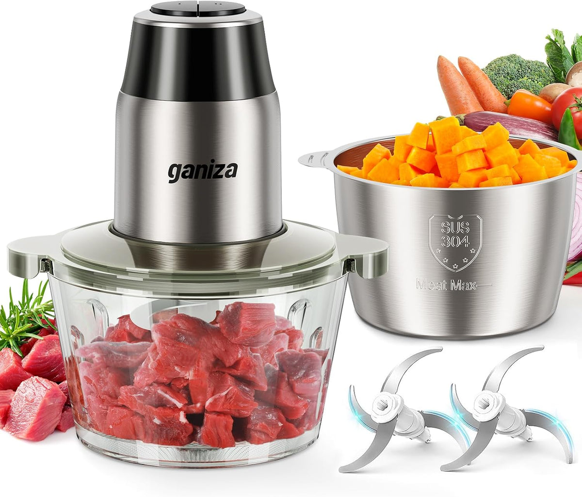 Food Processors with 2 Bowls, 450W Meat Grinder Vegetable Chopper